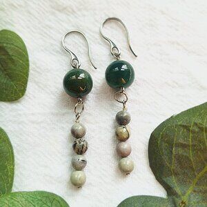 Dark Green Agate Jasper Silver Dangle Earrings Boho Chic Hippie Gifts Summer